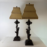 Pair of Bronze Table Lamps with Palm Tree & Monkeys, Beige Silk & Pleated Shade, Sku: 033089